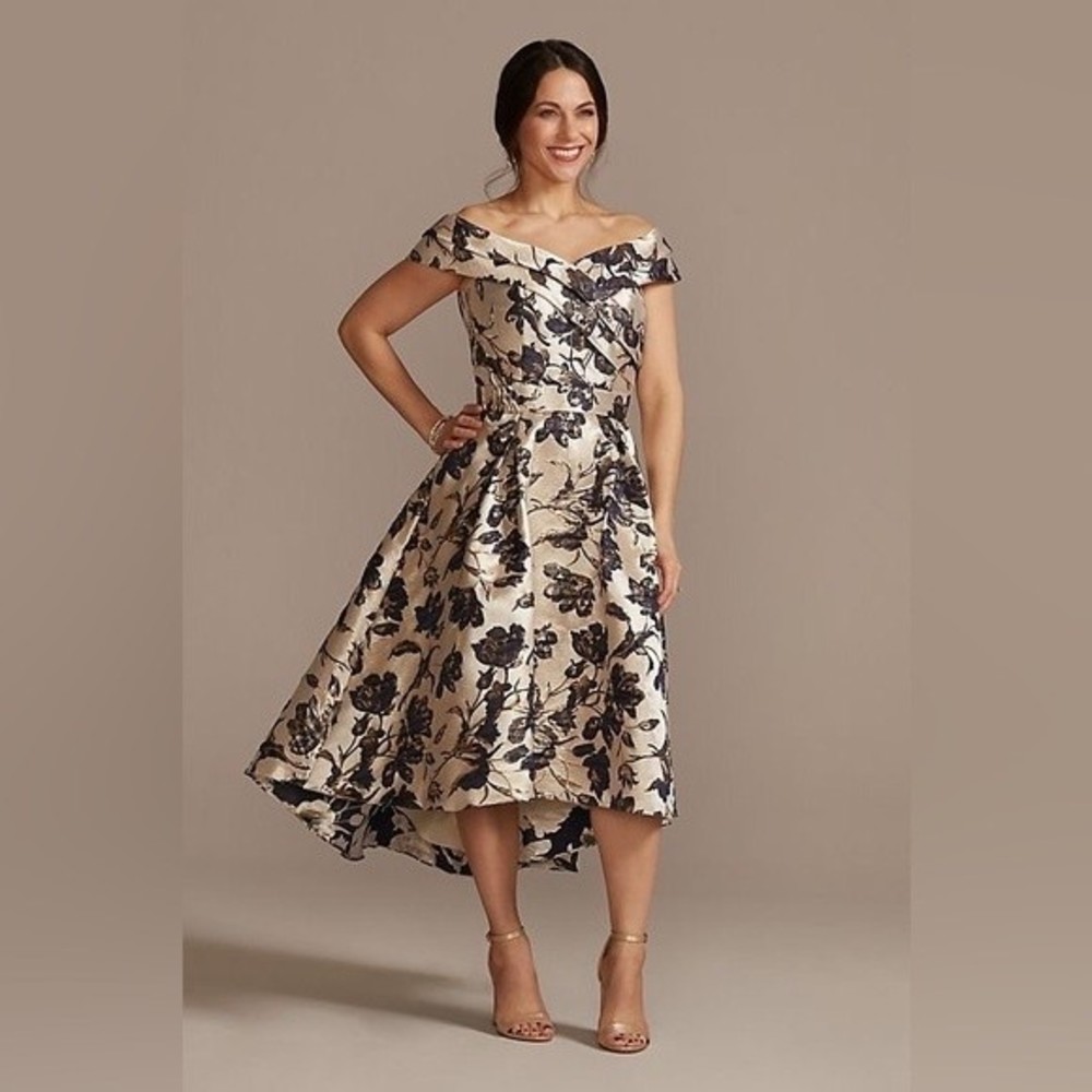 OLEG CASSINI floral metallic brocade off-the-shoulder wedding guest/formal gown